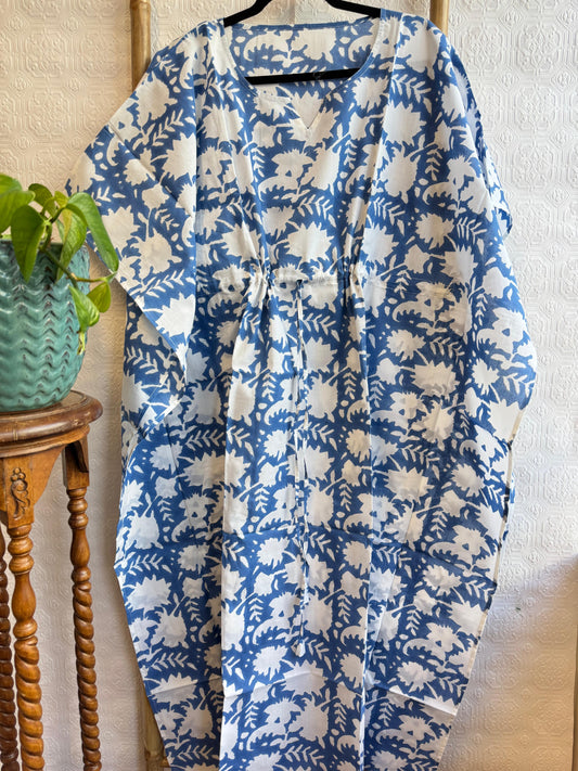 Pure Cotton Kaftan Long Dress Indian Blockprint Boho Summer Kimono Floral Beach Coverup Overall
