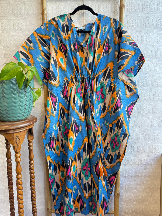 Pure Cotton Kaftan Long Dress Indian Blockprint Boho Summer Kimono Floral Beach Coverup Overall