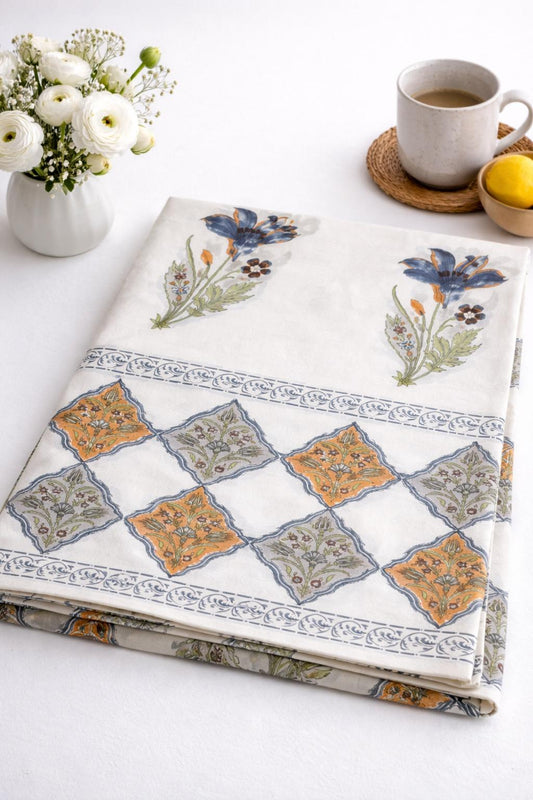 Cotton Autumn Winter Table Cover |WHITE ORANGE GREY DARK BLUE FLORAL MOTIF