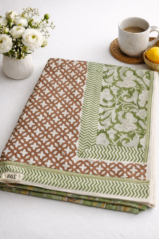 Cotton Autumn Winter Table Cover |TERRACOTTA GREEN OFF WHITE
