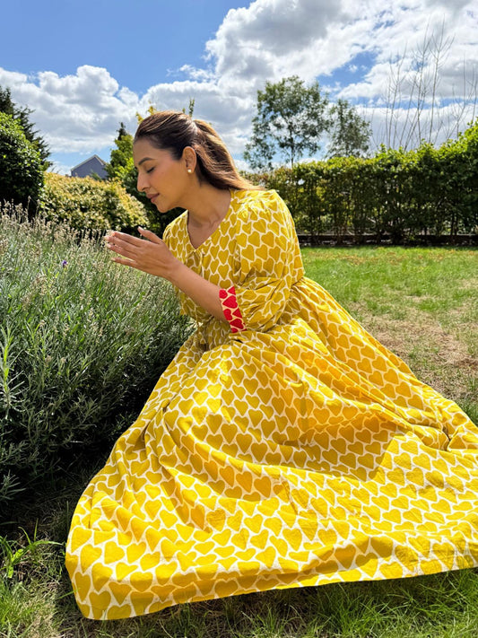 Pure Cotton Long Dress Indian Block Print Boho Colourful Summer Earthy Elegant Comfy Daywear Mom Outfit BRIGHT YELLOW