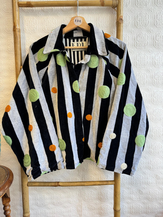Velvet Suzani Love Artisan Hand Embroidered Short Jacket | Autumn Winter Boho Gypsy | Luxury Special BLACK WHITE STRIPED GREEN ORANGE POLKA DOTS