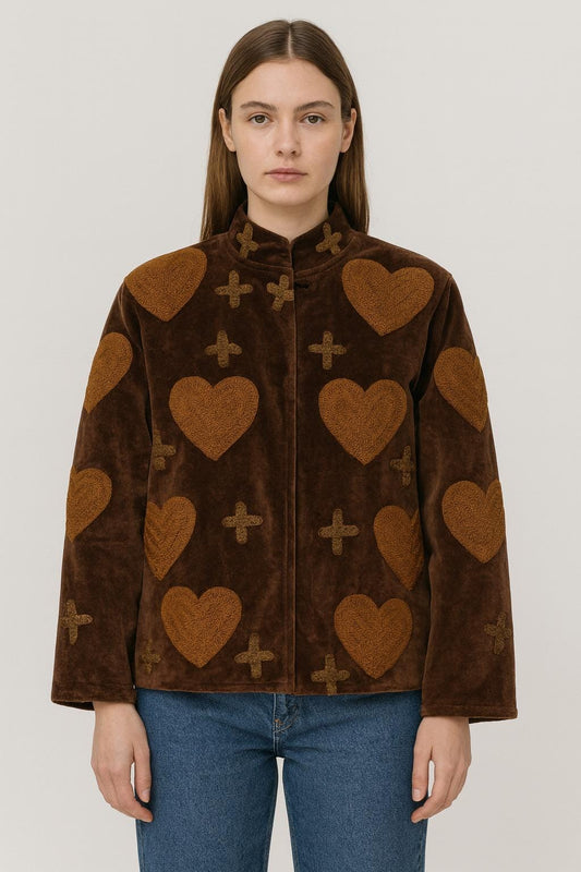 Velvet Suzani Love Artisan Hand Embroidered Short Jacket | Autumn Winter Boho Gypsy | Luxury Special Brown Beige Brown Heart
