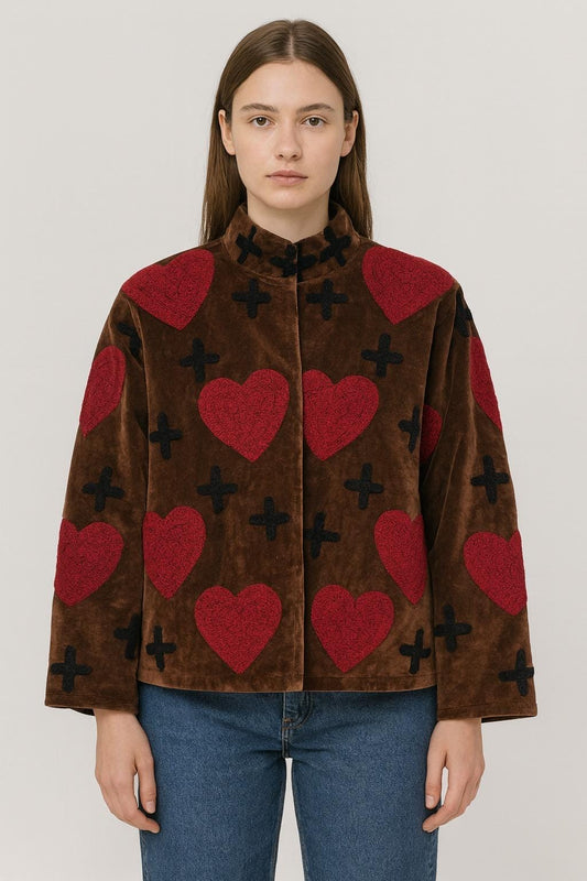 Velvet Suzani Love Artisan Hand Embroidered Short Jacket | Autumn Winter Boho Gypsy | Luxury Special Coffee Brown Red Heart