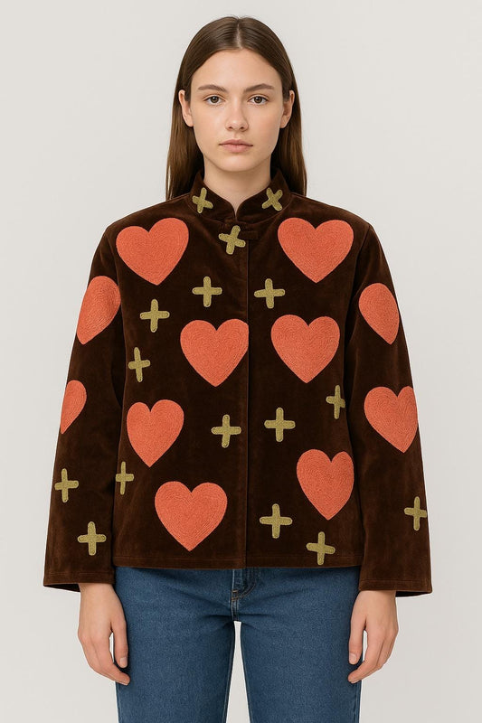 Velvet Suzani Love Artisan Hand Embroidered Short Jacket | Autumn Winter Boho Gypsy | Luxury Special Brown Peach Orange Heart