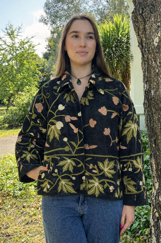 Velvet Corduroy Jacket with Intricate Thread Embroidery Brown with Black Olive Green Peach