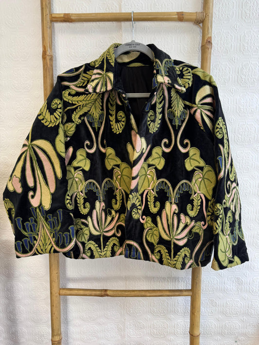 Velvet Bolero Open Jacket with Threaded Embroidery Green Chalk Floral GOLd Yellow Black