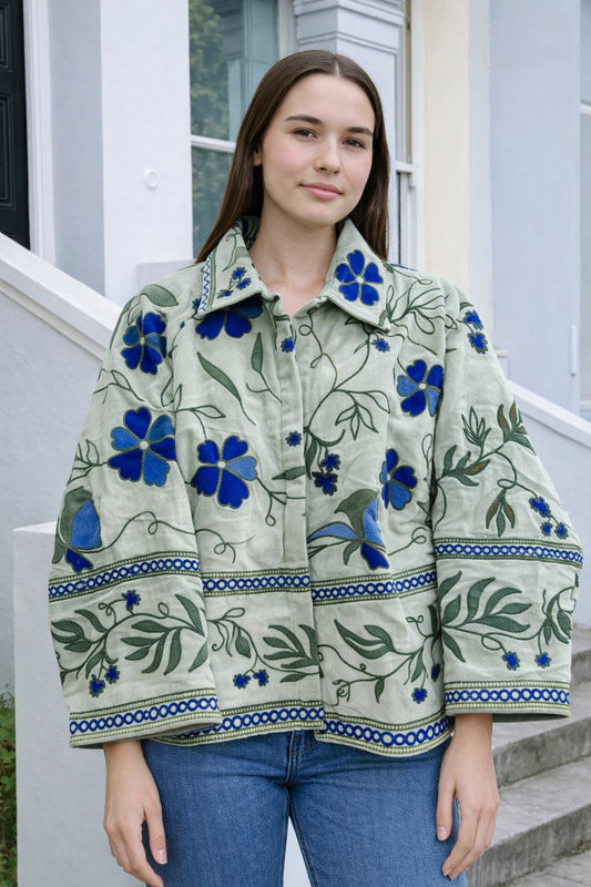Velvet Bolero Open Jacket with Threaded Embroidery Off White Mint Blue Hues