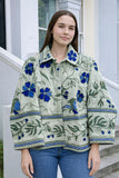 Velvet Bolero Open Jacket with Threaded Embroidery Off White Mint Blue Hues