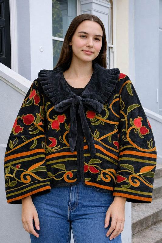 Velvet Bolero Open Jacket with Threaded Embroidery Black Red Yellow Orange