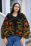 Velvet Bolero Open Jacket with Threaded Embroidery Black Red Yellow Orange