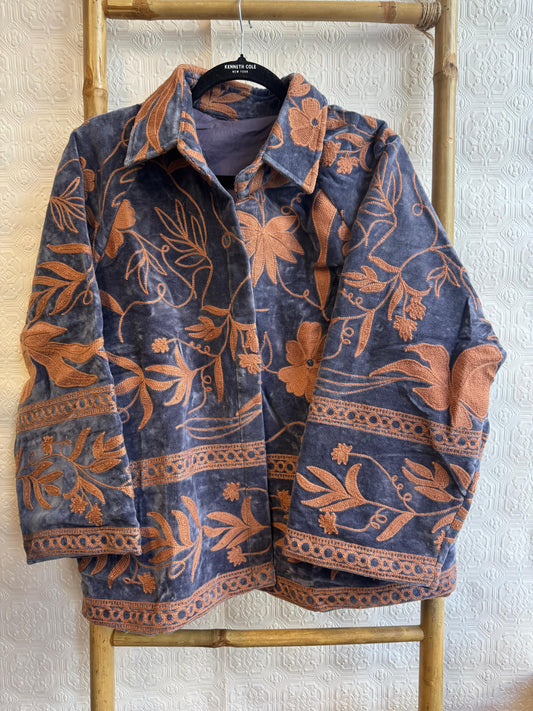 Velvet Bolero Open Jacket with Threaded Embroidery Teal Blue Brick Orange