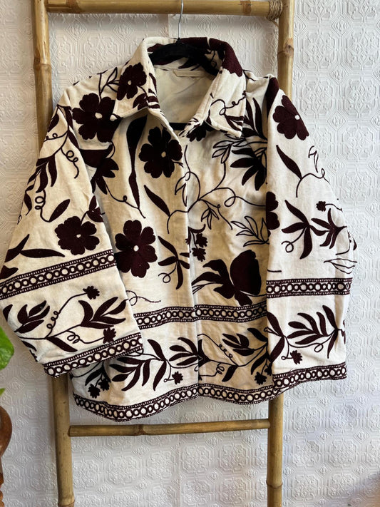 Velvet Bolero Open Jacket with Threaded Embroidery Cream Egret Black