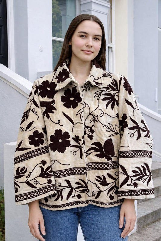 Velvet Bolero Open Jacket with Threaded Embroidery Cream Egret Black