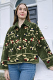 Velvet Bolero Open Jacket with Threaded Embroidery Forest Green Beige