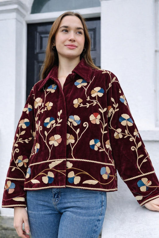 Velvet Bolero Open Jacket with Threaded Embroidery Burgundy Biking Red