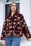 Velvet Bolero Open Jacket with Threaded Embroidery Burgundy Biking Red