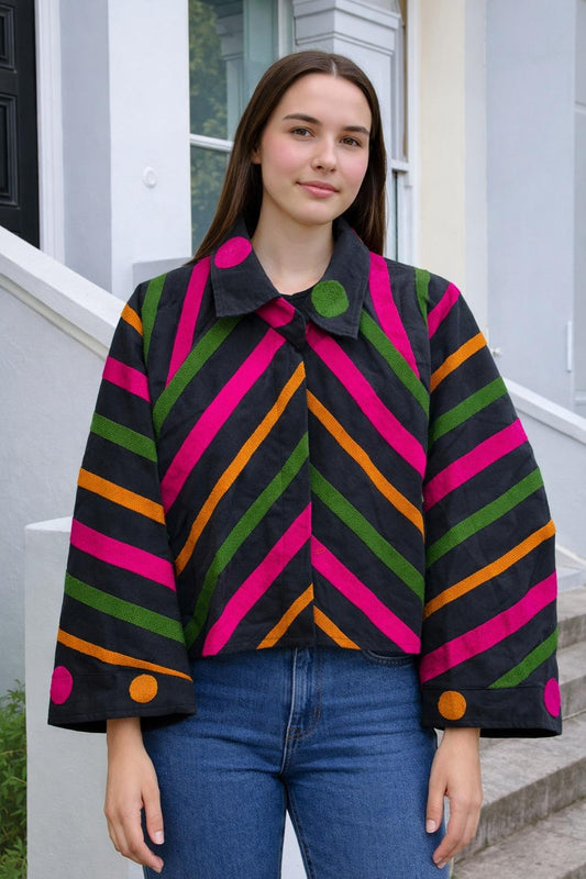 Suzani Hand Embroidered Unisex Bolero Short Jackett Boho Gypsy Crewel Special Love Gift | Magenta Mint Green Vermilion