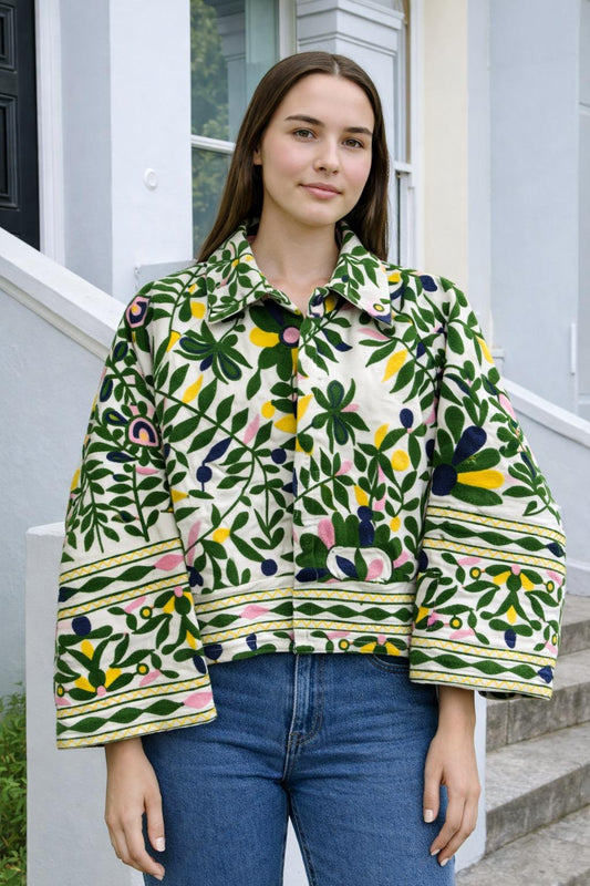 Suzani Hand Embroidered Unisex Bolero Short Jacket Boho Gypsy Crewel Special Love Gift | Cream Dark Green Bright Yellow Floral