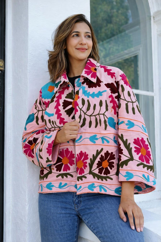 Suzani Hand Embroidered Unisex Bolero Short Jacket Boho Gypsy Crewel Special Love Gift | Rose Gold Baby Pink