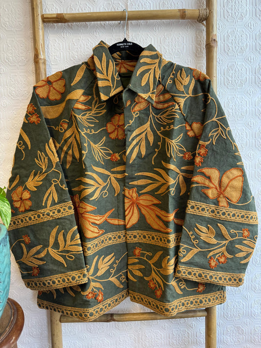 Suzani Hand Embroidered Unisex Bolero Short Jacket Boho Gypsy Crewel Special Love Gift | Bottle Green Sunset Orange