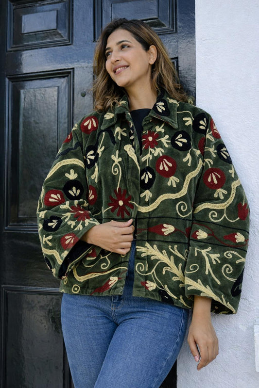 Exclusive Velvet Outdoor Jacket with Hand Embroidery Emerald Green Sage Green