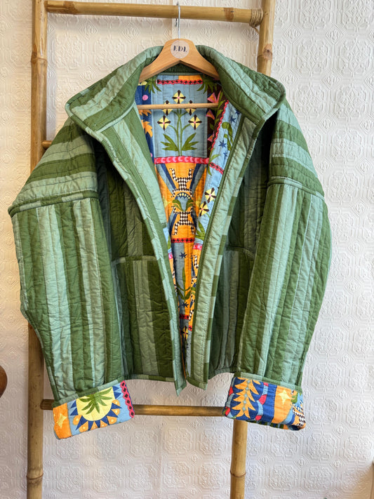 Cotton quilted open jacket Forest Green Multi Color