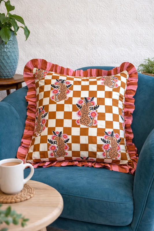 Cotton Cushion Cover :Mustard White Checkers Bright Pink Ruffle