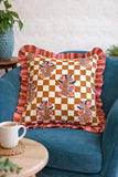 Cotton Cushion Cover :Mustard White Checkers Bright Pink Ruffle