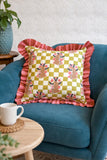 Cotton Cushion Cover :Yellow White Checkers Bright Pink Ruffle