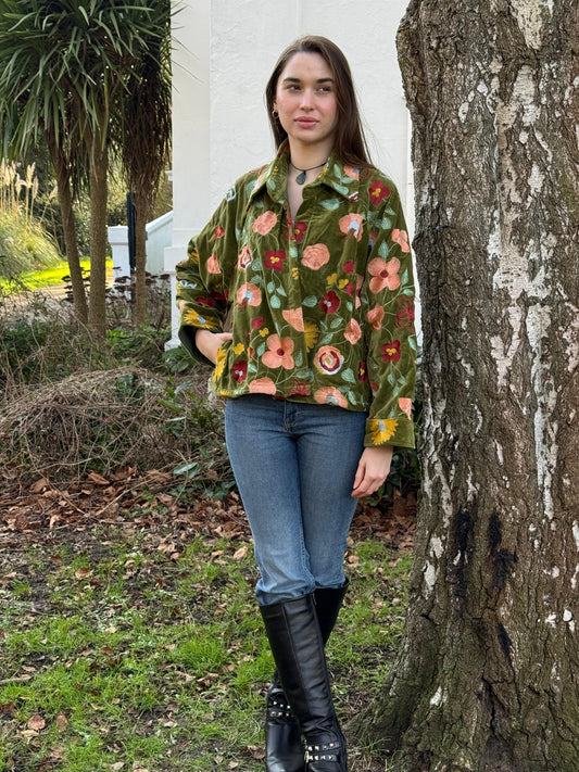 Velvet Bolero Open Jacket with Threaded Embroidery