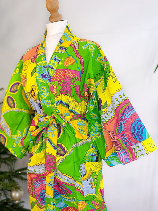 Pure Cotton Handprinted Kimono Knee Length House Robe Beach Coverup/Comfy Maternity
