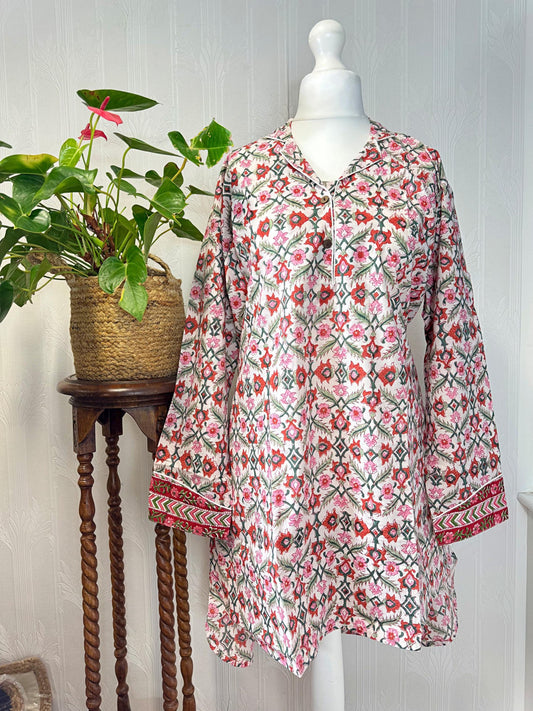 Night Shirt Luxury Soft Cotton Indian Hand Block Spring Pastel White Pink Botanical Floral Lounge Sleepwear Nightdress Girls