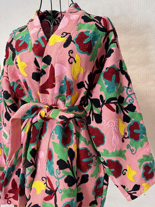Suzani Hand Embroidered Short Waffle Jacket Cosy Open Coat |