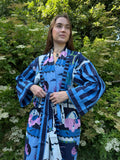 Blue Printed Cotton Kimono| Contrast Stripe| Ruffle Collar