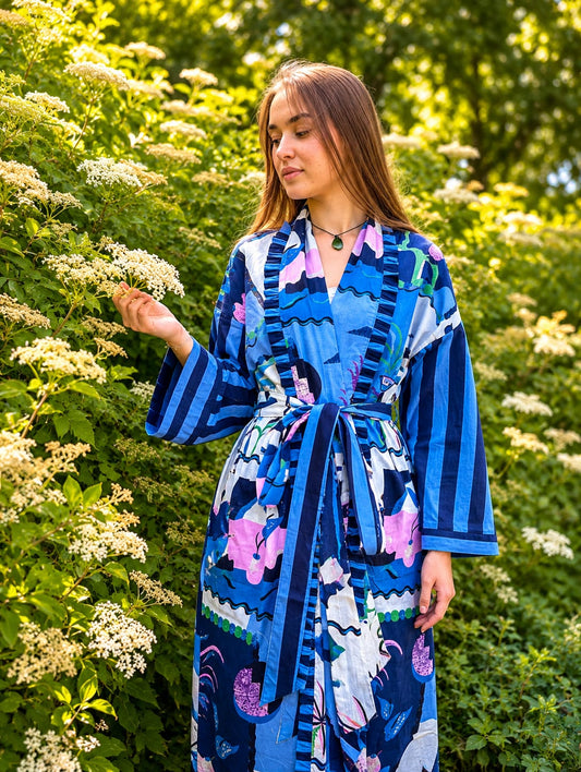 Blue Printed Cotton Kimono| Contrast Stripe| Ruffle Collar