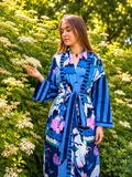 Blue Printed Cotton Kimono| Contrast Stripe| Ruffle Collar