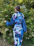 Blue Printed Cotton Kimono| Contrast Stripe| Ruffle Collar