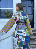 Multi Coloured Printed Cotton Kimono| Contrast Stripe | Ruffle Collar