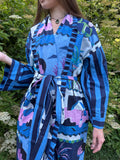 Blue Printed Cotton Kimono| Contrast Stripe| Ruffle Collar