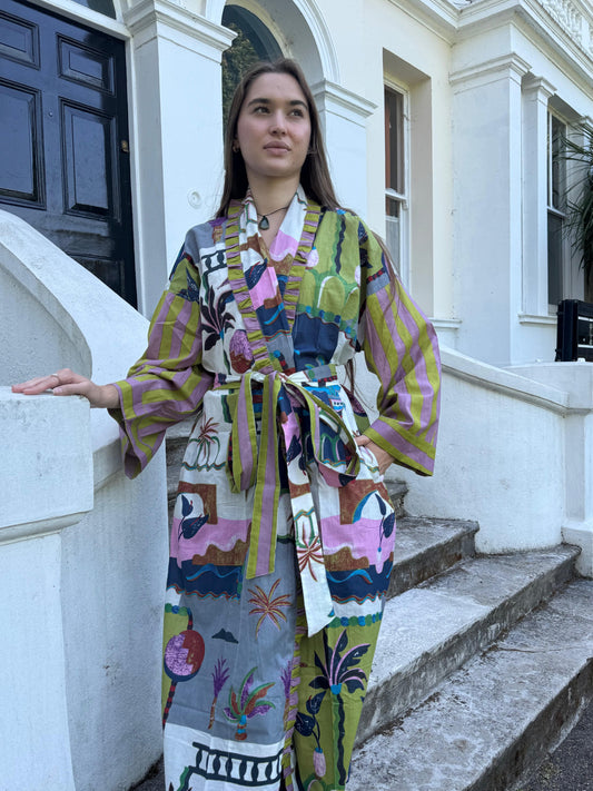 Multi Coloured Printed Cotton Kimono| Contrast Stripe | Ruffle Collar