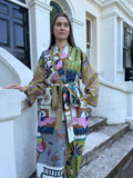 Multi Coloured Printed Cotton Kimono| Contrast Stripe | Ruffle Collar