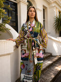Multi Coloured Printed Cotton Kimono| Contrast Stripe | Ruffle Collar