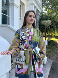 Multi Coloured Printed Cotton Kimono| Contrast Stripe | Ruffle Collar