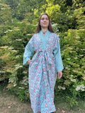 Pomegranate Red Printed Cotton Kimono | Contrast Stripe | Ruffle Collar
