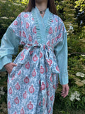 Pomegranate Red Printed Cotton Kimono | Contrast Stripe | Ruffle Collar