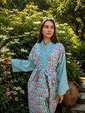 Pomegranate Red Printed Cotton Kimono | Contrast Stripe | Ruffle Collar