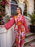 Pink Architectural Printed Cotton Kimono | Contrast Stripes | Ruffle Collar