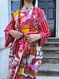 Pink Architectural Printed Cotton Kimono | Contrast Stripes | Ruffle Collar