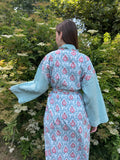 Pomegranate Red Printed Cotton Kimono | Contrast Stripe | Ruffle Collar